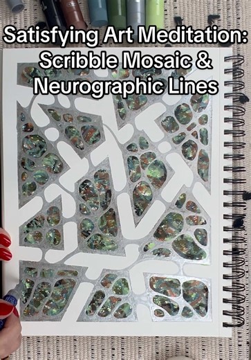 bringing some relief to my anxious brain with this ultra-relaxing Art Meditation 😌 ART SUPPLIES USED: watercolor paper, low-tack artist tape, tempera paint sticks, & silver acrylic marker Tip: let the layers of paint sticks dry completely before drawing on top - I don’t want you to ruin your acrylic marker! WHY I LOVE THIS PROCESS SO MUCH: Scribbling over a taped mosaic like this is so soothing - it’s a great way to release tension and let yourself be free on the page. Outlining the borders hel