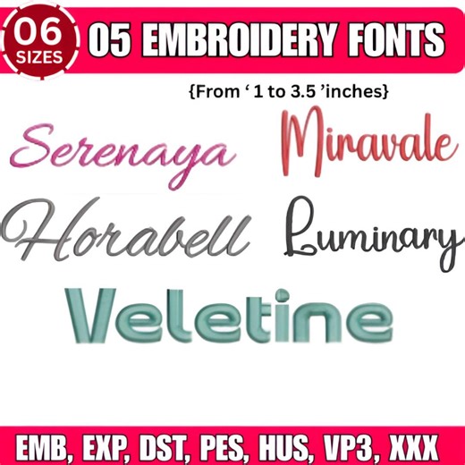 5 Machine Embroidery Font- Monogram Script Alphabet- Satin Stitch Bundle of 5 EMB,DST, 6 Sizes Instant Download - Etsy