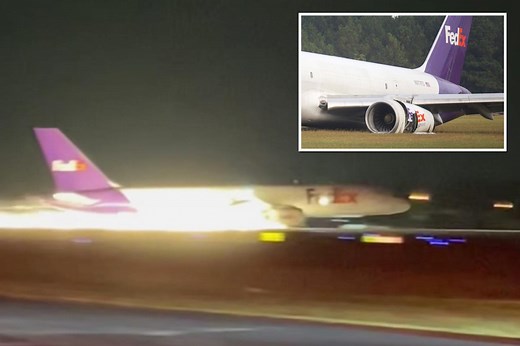 Moment FedEx plane with landing gear failure crash lands, skids off runway in Tennessee