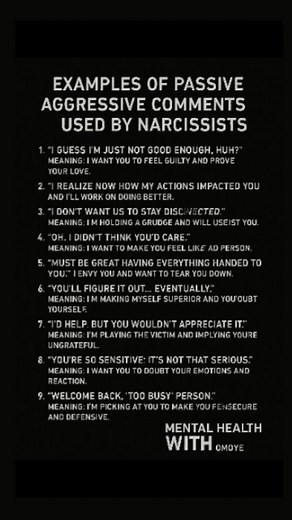 5.7K views · 305 reactions | Examples of passive aggressive comments used by narcissists | Mental health with Omoye | Facebook