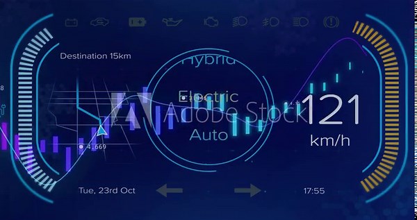 Futuristic HUD reacting to speed updates, mode circle shifting, waveforms visualizing driving data
