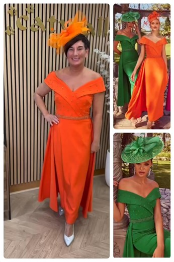 Just added to our Occasion Wear Sale!! 🧡💚 A classic mother of the bride and groom crepe dress, featuring an off the shoulder wide v-neckline, with beaded bodice, cap sleeves and cape back skirt for that extra tough of glam! Was £575, Now £399 Shamrock - sizes 8, 10, 12, 14 Orange - size 12 only For appointments or enquiries, get in touch: ✉️ Send a PM with item details 📞 Call the shop on 01324 636343 ⏰ Open Mon-Sat 9.30 to 5pm 📍 16-18 Prices Street, Falkirk FK1 1NE 🌍 www.catwalk-falkirk.co.
