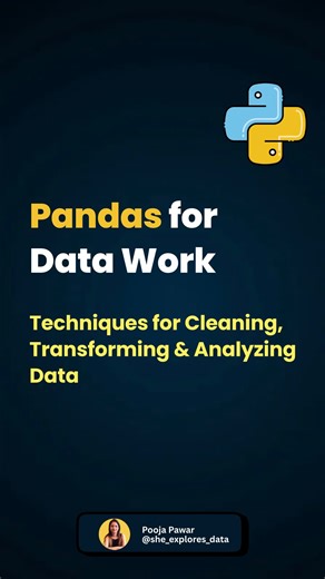Dr. Pooja | Python | SQL | Power BI | Excel on Instagram: "Working with real-world data means handling messy files, selecting the right records, transforming structures, and preparing clean outputs for analysis or reporting. Pandas plays a central role in this workflow. This post highlights essential Pandas operations that data analysts, data scientists, and BI professionals rely on daily. From importing datasets and filtering rows to aggregations, time-based analysis, string handling, and expor