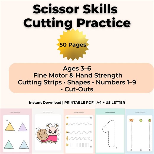 Cutting Practice Worksheets | Scissor Skills for Preschool & Kindergarten | 50-page Printable PDF - Etsy