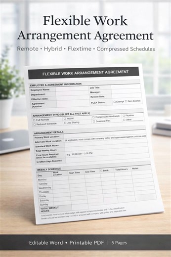 Flexible Work Arrangement Agreement Template (Remote, Hybrid, Flextime)