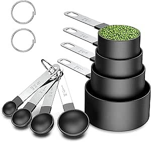 Measuring Cups and Spoons Set Kitchen Gadgets 8 Pieces, Stackable Stainless Steel Handle Measuring Cups for Measuring Dry and Liquid Ingredient (Black)