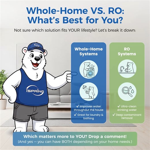 🏠 Whole‑Home vs. RO: What’s Best for You? Not sure which solution fits YOUR lifestyle? Let’s break it down: 💧 Whole‑Home Systems ✔ Improves water throughout the house ✔ Great for laundry & bathing 💧 RO Systems ✔ Ultra‑clean drinking water ✔ Deep contaminant removal Which matters more to YOU? Drop a comment! (And yes — you can have BOTH depending on your home needs.) #WaterSolutions #HomeHydration #RECompare #iSpringProductInsights #CleanWaterEveryDay #ispringwater #ispringfilter #ispringwater