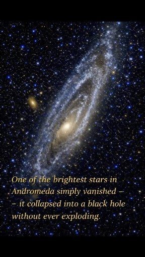 👉✨ A Star in Andromeda Just… Vanished — And Scientists Now Know Why 🌌 One of the brightest stars in the Andromeda Galaxy suddenly disappeared — not in a dramatic explosion or brilliant supernova, but in an unsettling silence. The star, called M31-2014-DS1, didn’t end its life with a burst of light. Instead, its core collapsed under its own gravity and turned directly into a black hole, surprising astronomers who expected a far more violent finale. 🔭 By combining new telescope observations wit