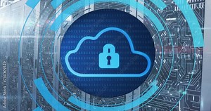 Animation of circular scanner, cloud and padlock icons and network over server room