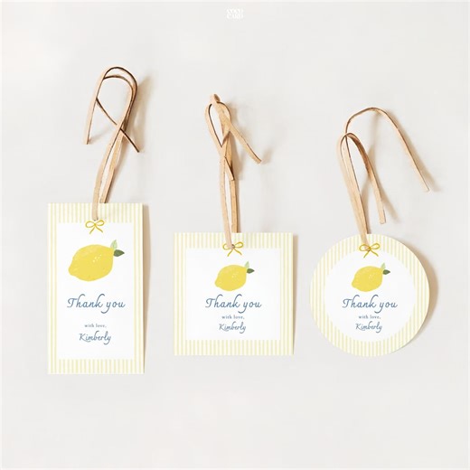 Lemon Baby Shower Favor Tag: Hand Drawn Citrus, Yellow Stripe, Can't Wait to Squeeze You (Canva Editable) L1