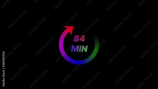 Colorful timer 84 minutes countdown gradient arrow minute counter on black background colorful gradient arrow