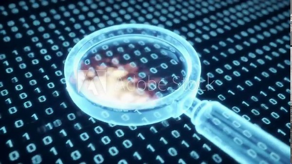 Clear magnifying glass analyzes binary code background in a close-up, highlighting data exploration and digital investigation concepts