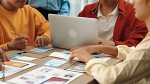 Panorama video of startup company employee planning on user interface prototype for mobile application or website in office. UX UI designer brainstorm designing user friendly interface plan. Synergic Stock Video