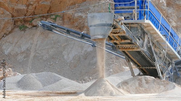 Stone crushing machine at open pit mining and processing plant for crushed stone. Conveyor belts and piles of gravel stone