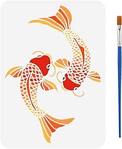 FINGERINSPIRE Koi Fish Stencil with Brush 8.3x11.7inch Decorative Fish Pattern Template Hollowed 2 Koi Fish Stencil Animal Theme Reusable Template Fish Stencil for Painting on Wood Clothes Fabric