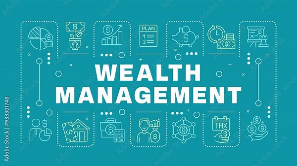 Wealth management word banner animation. Financial planning, estate. Money economy, stock market. Dynamic headline with outline icons on teal background. HD video with alpha channel. Motion graphic