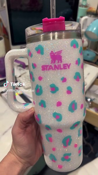 Stylish Glittery Stanley Tumbler with Leopard Pattern