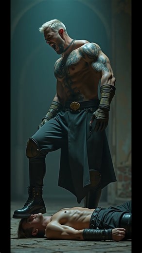 Alpha male superhero tramples an opponent