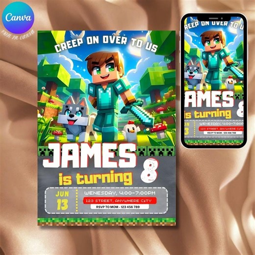 Editable Minecraft Birthday Invitation, Pixel Block Gamer Party Invite, Kids Video Game Birthdayt Download - Etsy