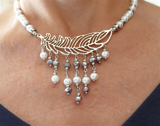 Feather Statement Necklace With White and Silver Glass Beads – Handmade Elegant Jewelry J161 - Etsy