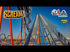 June 2024 Scream Floorless Roller Coaster On Ride Front Row 4K POV Six Flags Magic Mountain