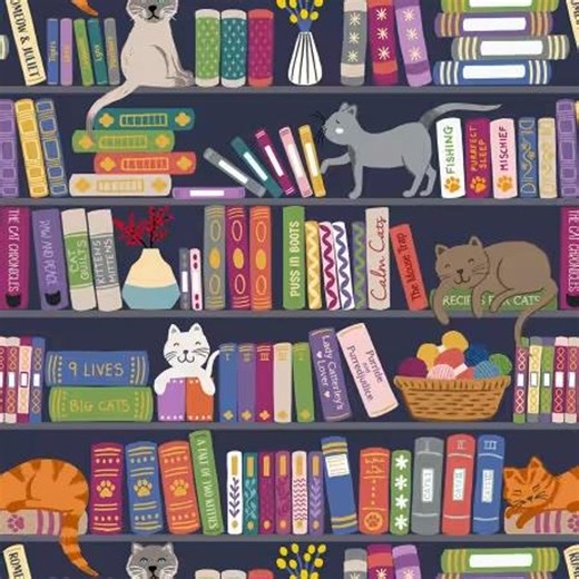 Cat & Bookshelves Quilting Cotton Fabric: the Purrfect Book Club - Etsy