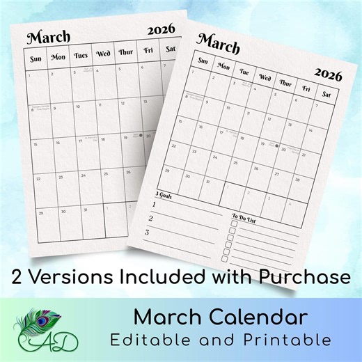 Editable March 2026 Printable Calendar | Minimalist Monthly Planner | Portrait Vertical | Holidays   Moons | Printable Monthly Planner PDF - Etsy