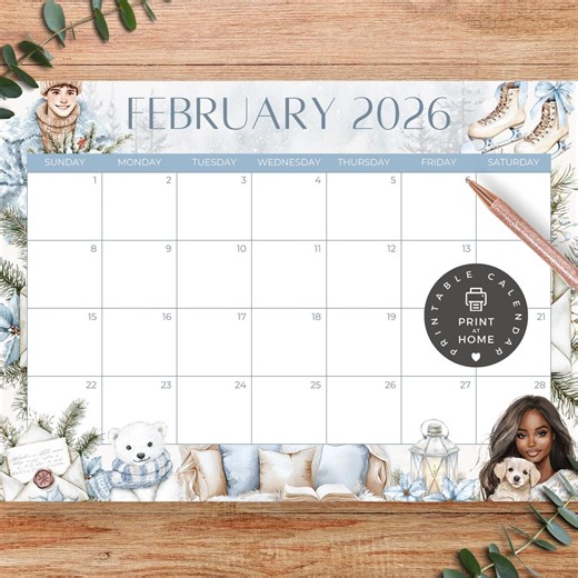 Printable Monthly Calendar - February 2026 PDF Download - Cozy Feminine Collection - CC003 - Etsy