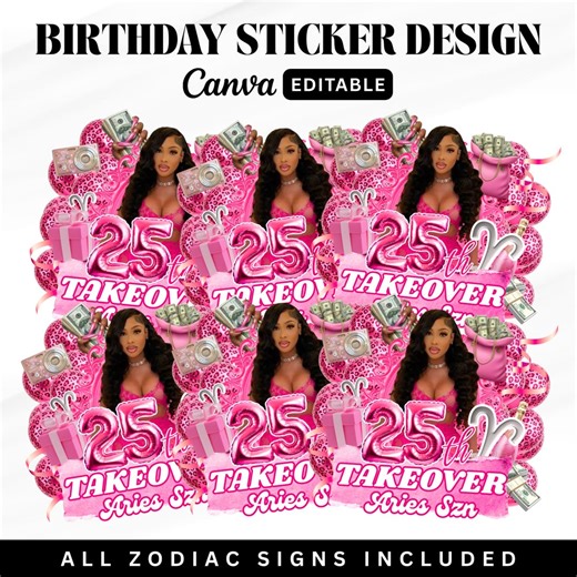 Pink Birthday Sticker Template, All Zodiac Signs, Styrofoam Cup Design, Shot Glass Birthday Sticker, Birthday Party Sticker Template - Etsy