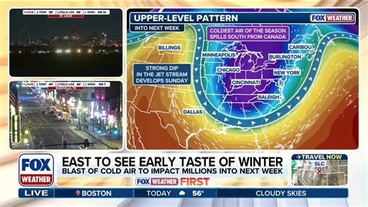 6K views · 55 reactions | ❄️ARCTIC AIR: An early winter preview will arrive in the eastern US starting Sunday. Temperatures could plummet more than 20 degrees across the Upper Midwest, Ohio Valley, Northeast and even the Southeast. Which places could see their first snow of the season: https://www.foxweather.com/weather-news/early-winter-northeast-midwest-arctic-temperatures | FOX Weather | Facebook