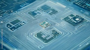 Exploring a detailed close-up of a microchip architecture with intricate circuitry showcased in a high-tech environment