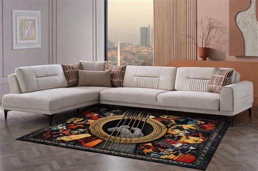 Guitar Music Rug: Acoustic Instrument Carpet, Black Gold Strings Design, Colorful Artistic Studio Decor
