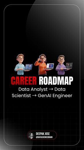 Deepak Jose | Data Science & Gen AI on Instagram: "Your Complete Roadmap: Data Analyst → Data Scientist → GenAI Engineer 🚀 Before you scroll away please take a moment to → 💗LIKE | 💾 SAVE | 📤 SHARE | ➡️ FOLLOW @datasciencebrain Whether you're starting fresh or transitioning careers, this is your step-by-step path: 📊 Data Analyst (3-4 months) Master Excel, SQL, Python basics & visualization 🤖 Data Scientist (+6-8 months) Build ML models, deep learning & deploy APIs 🚀 GenAI Engineer (+4-6 mo
