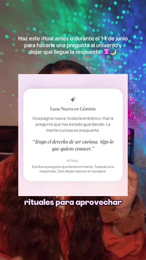 Mis bebaaas ✨🌙 El 14 de junio tenemos Luna Nueva en Géminis, una energía asociada con las preguntas, las ideas, la curiosidad y los nuevos comienzos. Si hay algo que llevas tiempo preguntándote o una respuesta que has estado buscando, este ritual es para ti. 💫 Hazlo antes o el mismo 14 de junio, escribe tu pregunta y deja que la respuesta llegue en el momento adecuado. ♊️✨ #lunanuevaengeminis #ritualdemanifestación #metodoaya #energias #audiosparamanifestar