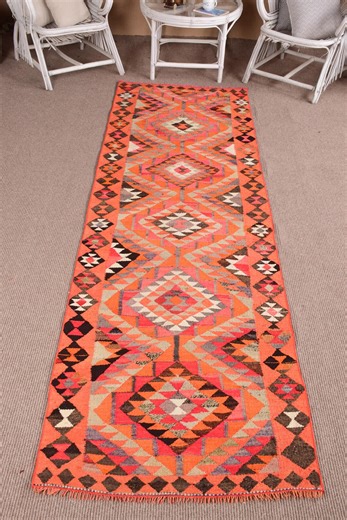 Vintage 3x9.7 Ft Rug, Turkish Runner Rug, Orange Ikat Rug - Etsy