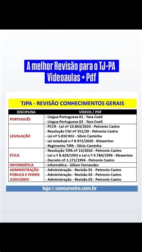 Loja do Concurseiro on Instagram: "A melhor Revisão em videoaulas para o TJ-PA Www.lojadoconcurseiro.com.br"