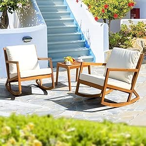 IDZO Rocking Chairs Design Heavy Duty 400lbs Capacity Wood Patio Bistro Set 3 Piece Outdoor