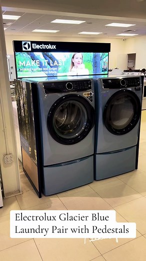Electrolux Glacier Blue Laundry Pair ELFW7437AG – WASHER ELFE7437AG - EL. DRYER ELFG7437AG – GAS DRYER ELPWD27AG – PEDESTAL #fyp #laundry #laundrytok