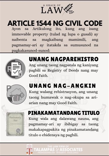 Navigating the Rules of Double Sale in the Philippines ​Ever wondered what happens when the same property is sold to two different people? In the Philippines, this is known as a Double Sale, and the law provides clear rules on who gets to keep the property. ⚖️ ​According to Article 1544 of the Civil Code, the priority is determined by: ​1️⃣ First to Register: The person who first registers the sale with the Registry of Deeds in good faith. 2️⃣ First to Possess: If no one registered, the person w