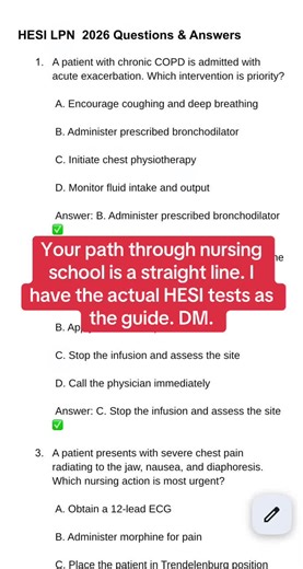 Your path through nursing school is a straight line. I have the actual HESI tests as the guide. DM. #StraightLine #ActualTest #TheGuide #DM #NursingSchool