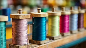Colorful spools of thread neatly arranged on a wooden shelf in a vibrant sewing studio, showcasing creativity