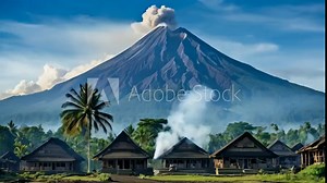 Majestic Mount Merapi Civilization A small but sophisticated settlement at the base of Mount Merapi, with traditional wooden houses and a central stone shrine