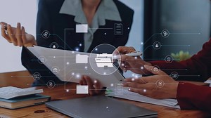 Download Document management concept. Virtual screen icons Document Management System DMS Online document database, software for efficient archiving, searching and management of company files and data. for free