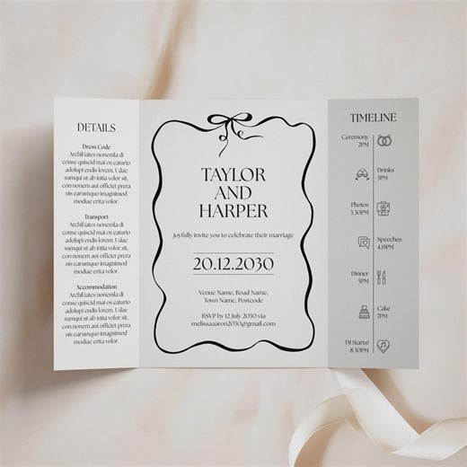 Doodle Gatefold Wedding Invitation Set, Modern Ribbon Bow Black and White Design, Minimalist Invite - Etsy UK