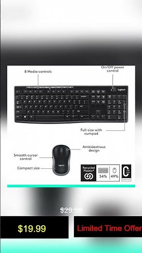 Logitech MK270 Wireless Keyboard and Mouse Combo for Windows, 2.4 GHz, 8 Multimedia Keys, PC, L