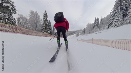 Rear view of a skier in a red jacket riding down a groomed snowy slope, winter sport activity at a professional mountain resort with safety netting