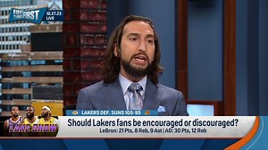 "The Lakers are going to rely on their best player — LeBron. He is the oldest guy in the league, he's 500 minutes short of Kareem's record, and who had the most juice in the tank in the final 4 minutes? LeBron James." — Nick Wright on LeBron, AD and the Lakers: | First Things First on FS1