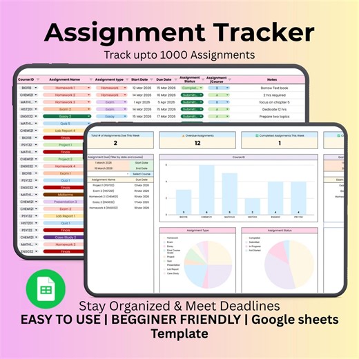 Assignment Tracker Spreadsheet | Student Study Planner | Homework and Exam Organizer | Easy Google Sheet Template - Etsy