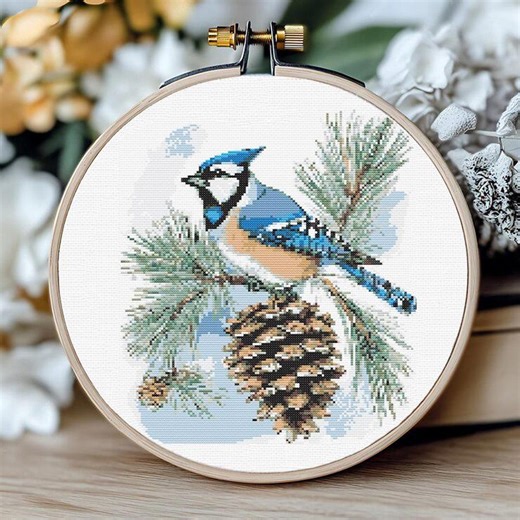 Blue Jay Cross Stitch Pattern PDF – Winter Bird on Pine Branch, Nature Wildlife Counted Cross Stitch Design - Etsy