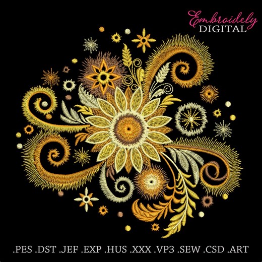 Gold Sunflower Machine Embroidery Design: Magic Solar Pattern, 10 Sizes (digital File) - Etsy